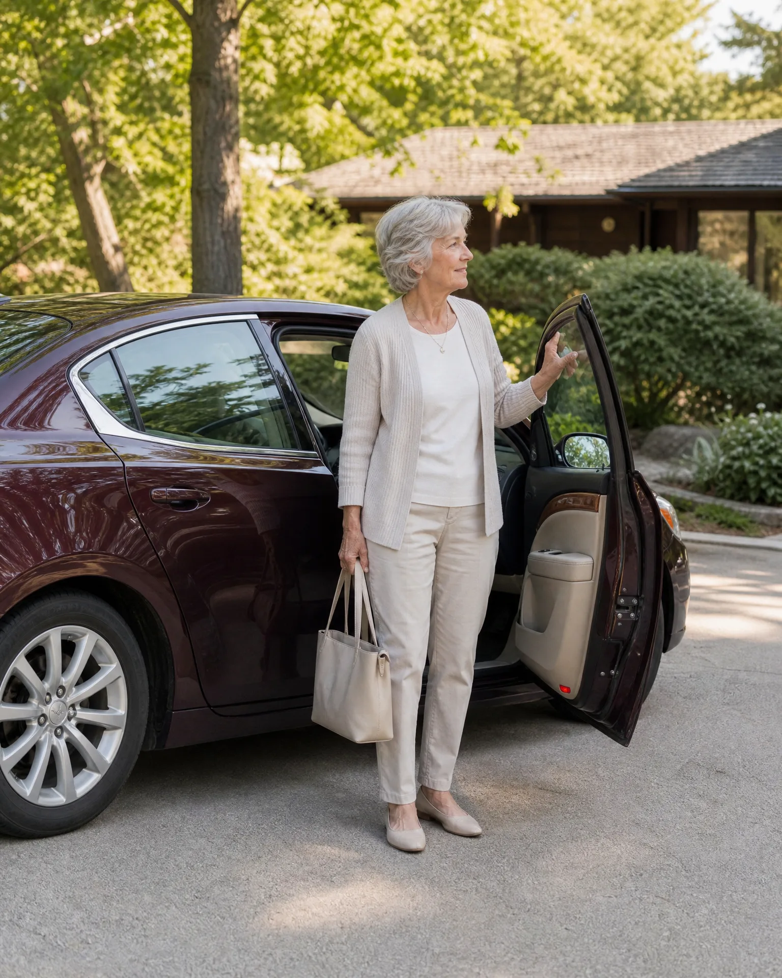 An older woman with short gray hair, wearing a cream cardigan and pants and holding a tote bag, stands beside a dark red sedan with the rear door open on a paved driveway near trees and a low house.