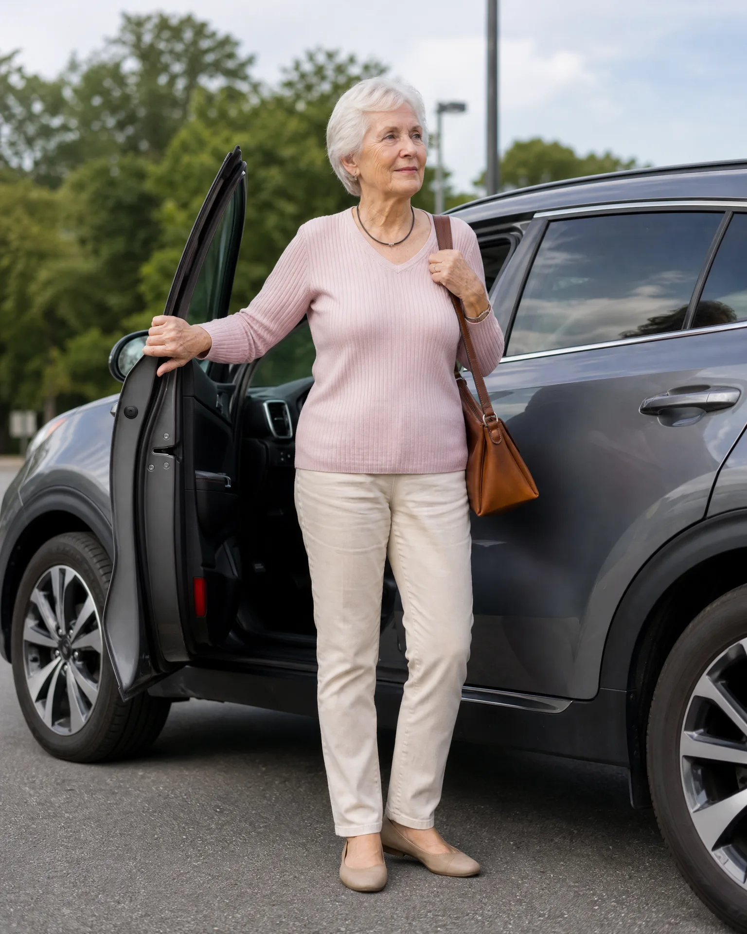 An older woman with white hair, wearing a pink sweater, cream trousers and flat shoes, stands beside the open rear door of a dark gray SUV in a paved lot with trees behind.