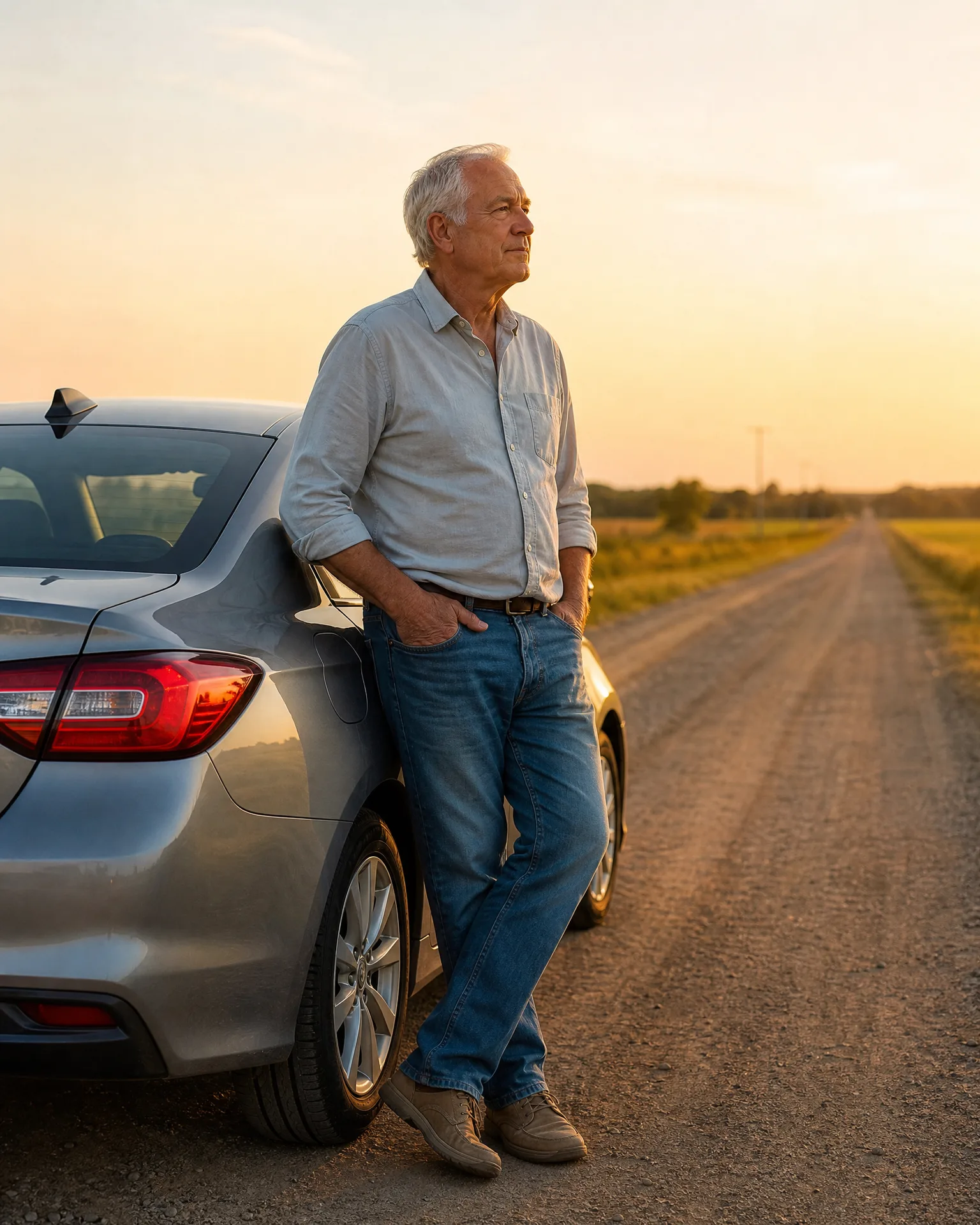 An older man in a light blue shirt and jeans leans against the rear of a silver car parked on a gravel road beside flat fields at sunset.