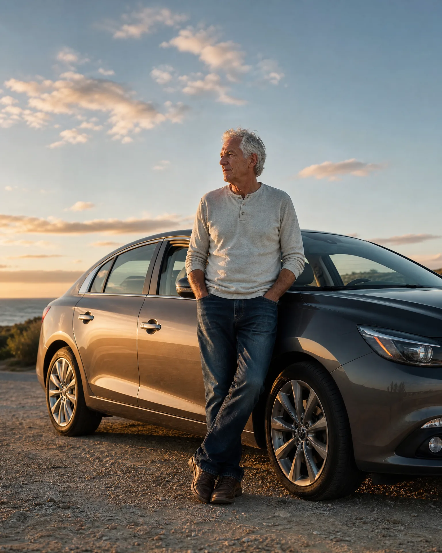 A gray-haired man in a light henley shirt and jeans leans against a gray sedan parked on gravel near a coastline at sunset.