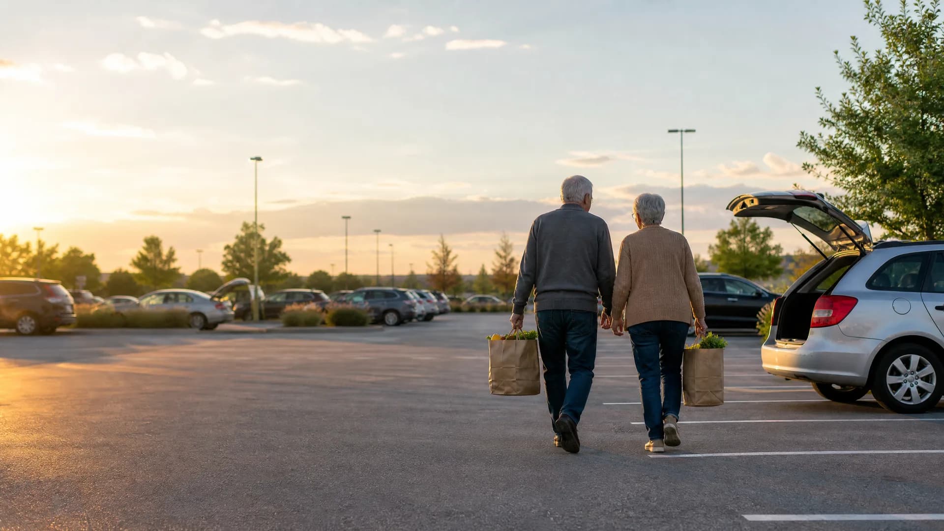 An elderly couple carrying paper grocery bags walks away from the camera across a parking lot toward a silver station wagon with its tailgate open, at sunset.