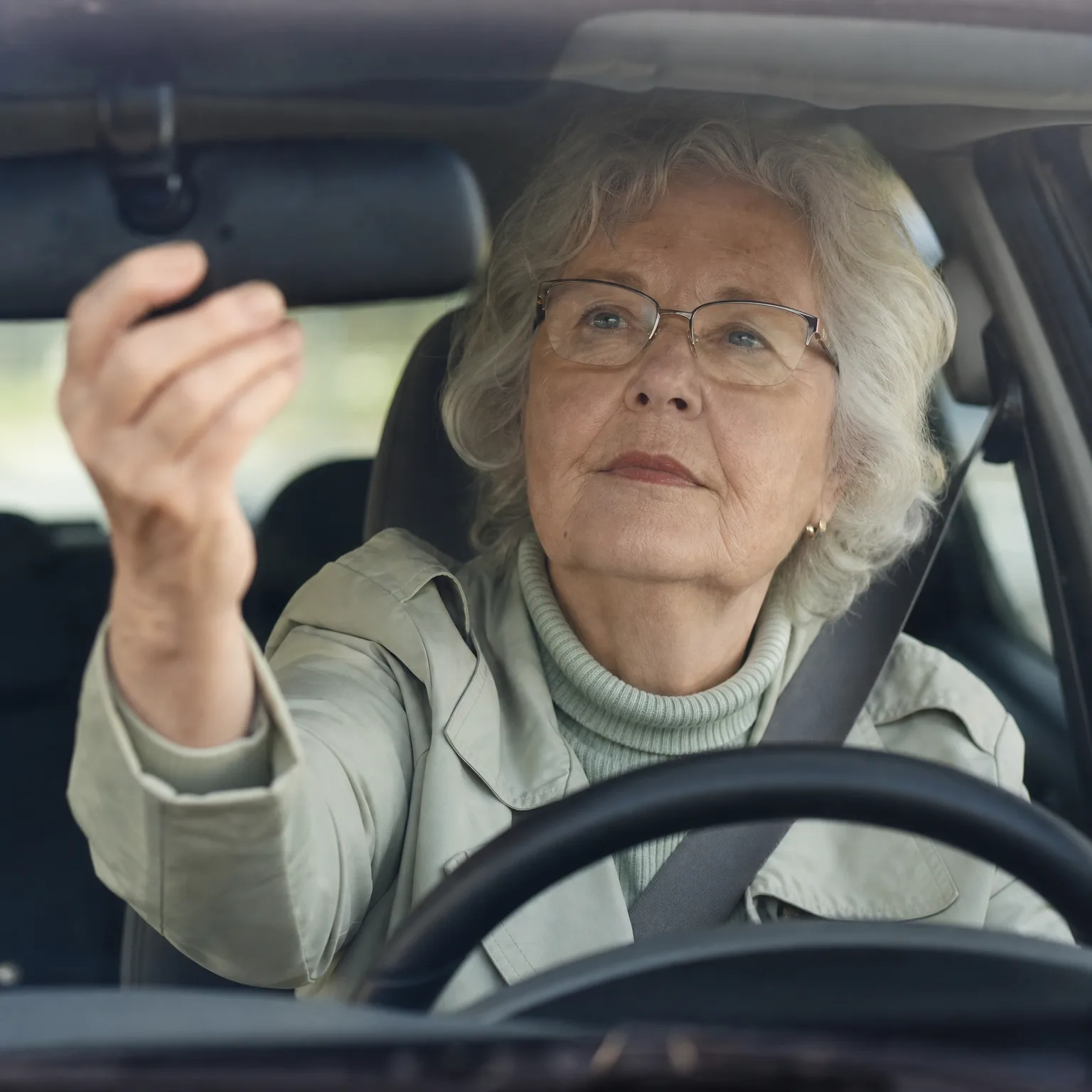 An older woman with short gray hair and glasses sits in a car's driver seat wearing a seatbelt and light jacket, reaching up toward the rearview mirror.