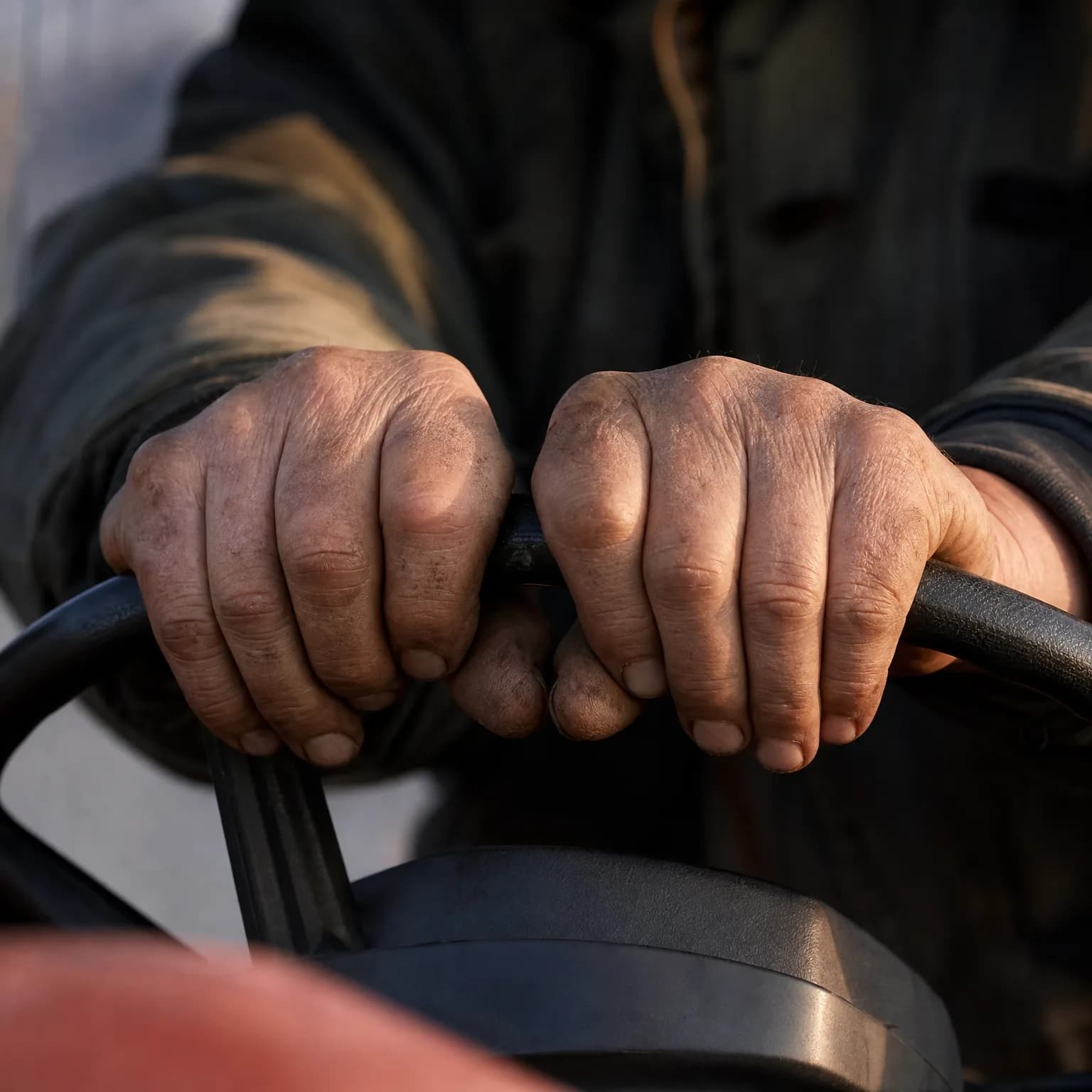 Close-up of a person's weathered hands gripping a dark steering wheel, with a worn jacket visible in the background.