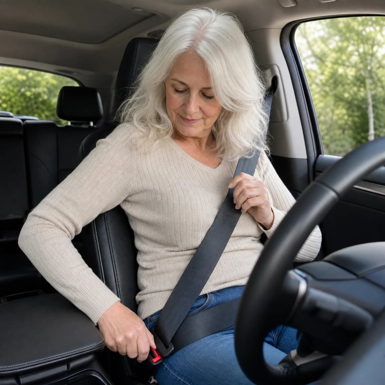 A woman with long white hair in a cream ribbed sweater and jeans sits in a car's driver seat, pulling the seat belt across her body with green trees visible through the windows.