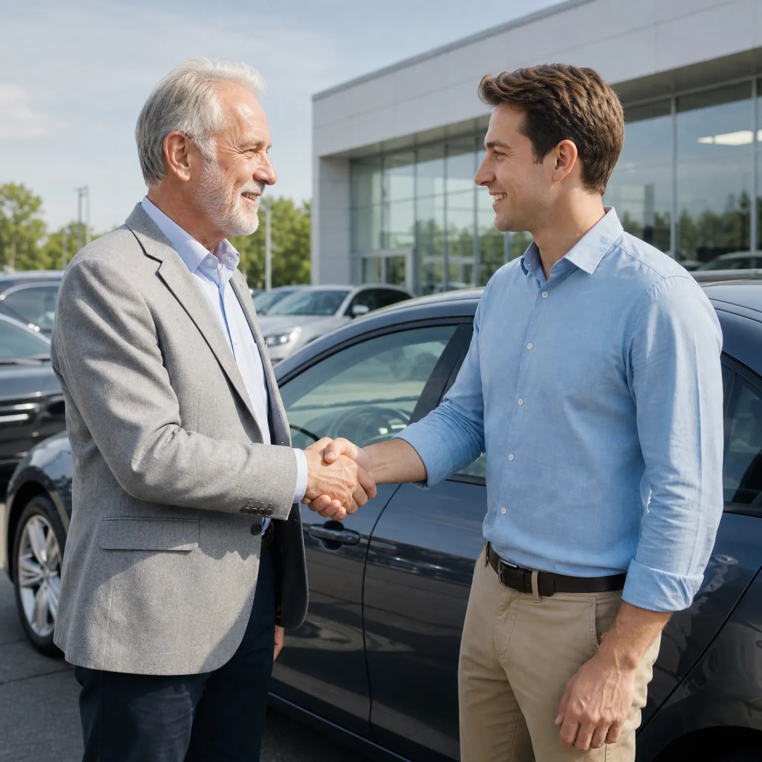 Two men shake hands beside a dark sedan in a parking lot in front of a glass-fronted building, one in a gray blazer and one in a light blue shirt and khakis.