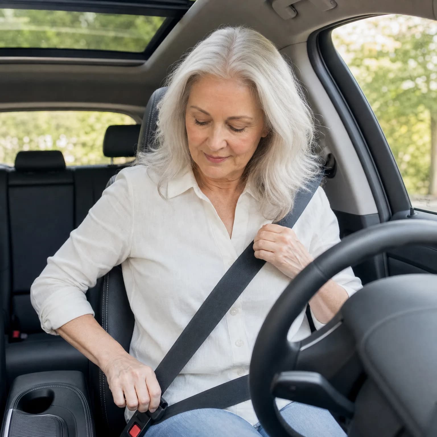 A woman with long white hair in a light button-up shirt sits in a car's driver seat, fastening her seat belt, with green trees visible through the windows.